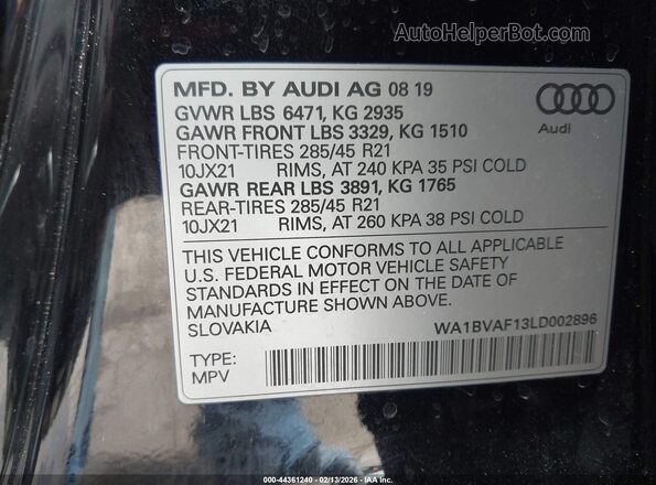 WA1BVAF13LD002896 2020 AUDI Q8 Черный Вид подкапотного пространства