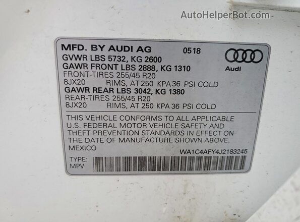WA1C4AFY4J2183245 2018 AUDI SQ5 Белый Вид наклейки с VIN-кодом