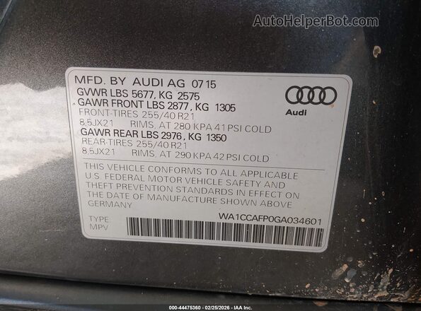 WA1CCAFP0GA034601 2016 AUDI SQ5 Gray Vista del compartimento del motor