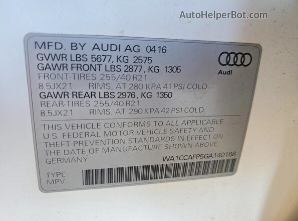 WA1CCAFP5GA140168 2016 AUDI SQ5 White Widok naklejki z numerem VIN