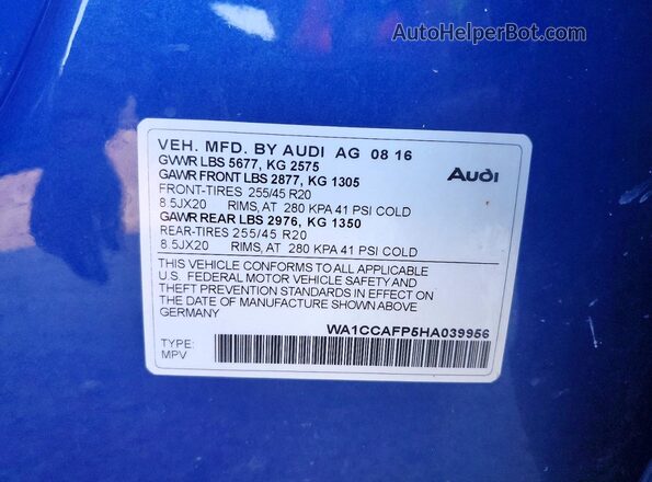 WA1CCAFP5HA039956 2017 AUDI SQ5 Blue VIN կոդի պիտակի տեսք
