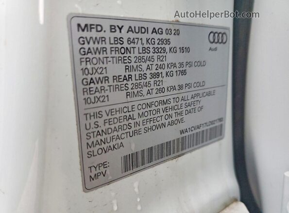 WA1CVAF17LD021763 2020 AUDI Q8 White VIN კოდის სტიკერის ხედი