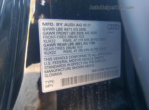 WA1CVBF16ND004977 2022 AUDI Q8 Черный Вид наклейки с VIN-кодом