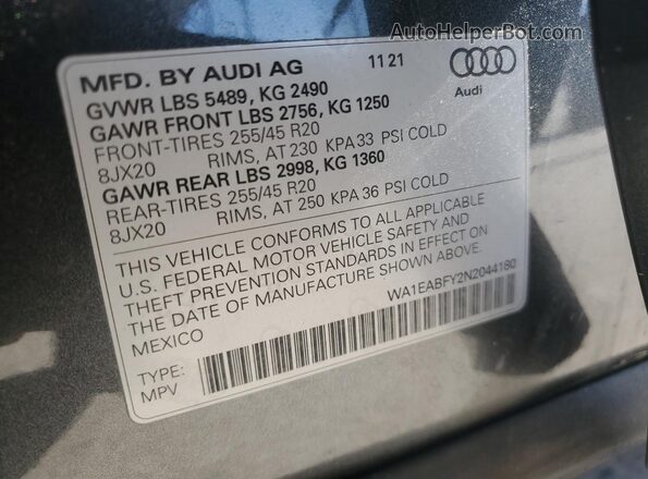 WA1EABFY2N2044180 2022 AUDI Q5 Серый Вид наклейки с VIN-кодом