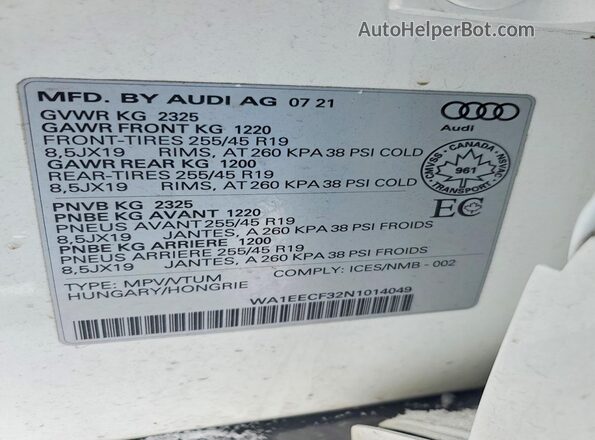 WA1EECF32N1014049 2022 AUDI Q3 Белый Вид наклейки с VIN-кодом