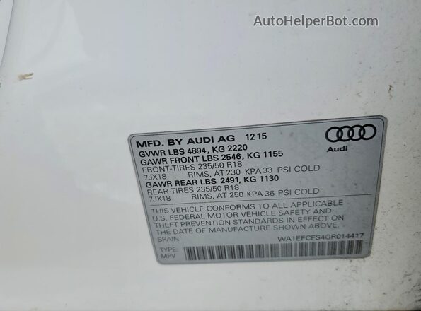 WA1EFCFS4GR014417 2016 AUDI Q3 White Widok naklejki z numerem VIN