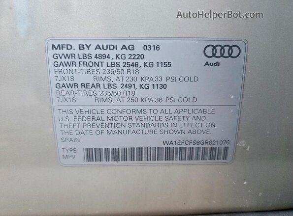 WA1EFCFS6GR021076 2016 AUDI Q3 Silver VIN კოდის სტიკერის ხედი
