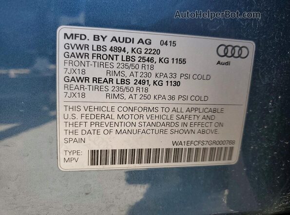 WA1EFCFS7GR000768 2016 AUDI Q3 Blue სალონის 360-გრადუსიანი ხედი