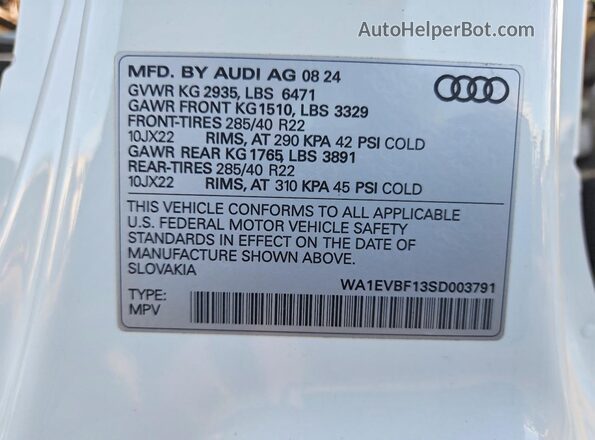 WA1EVBF13SD003791 2025 AUDI Q8 White Widok naklejki z numerem VIN