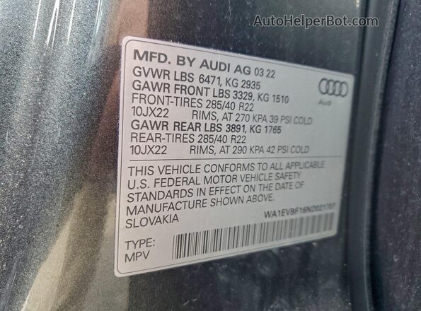 WA1EVBF16ND021707 2022 AUDI Q8 Gray Widok wnętrza 360 stopni