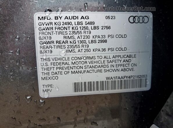 WA1FAAFY4P2162653 2023 AUDI Q5 Gray VIN կոդի պիտակի տեսք