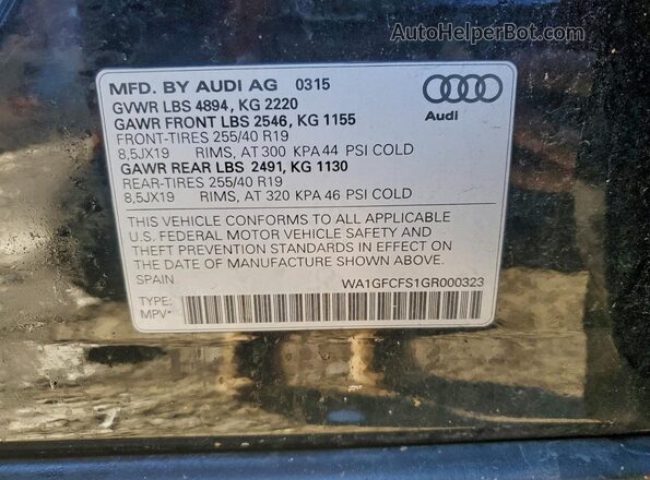 WA1GFCFS1GR000323 2016 AUDI Q3 Black Vista de la etiqueta del VIN