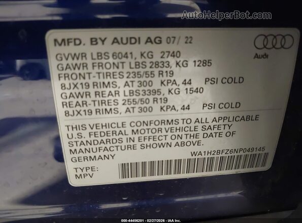 WA1H2BFZ6NP049145 2022 AUDI Q4 Синий Вид подкапотного пространства