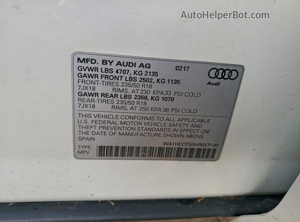 WA1HCCFS0HR017130 2017 AUDI Q3 White ძრავის განყოფილების ხედი