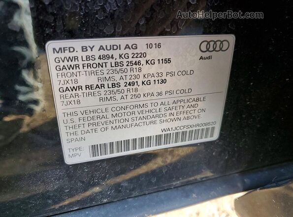 WA1JCCFSXHR008520 2017 AUDI Q3 Черный Вид наклейки с VIN-кодом