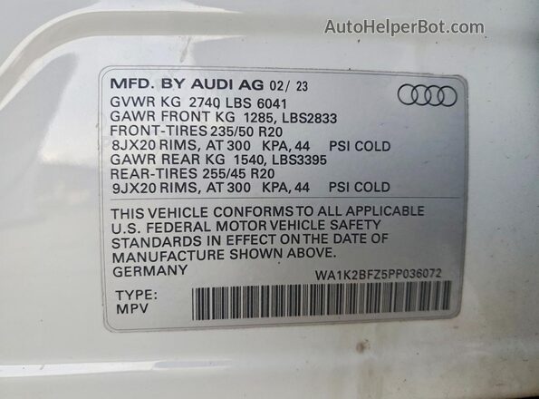 WA1K2BFZ5PP036072 2023 AUDI Q4 Белый Вид наклейки с VIN-кодом