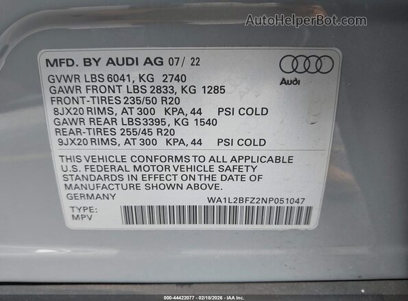 WA1L2BFZ2NP051047 2022 AUDI Q4 Gray Вид наклейки з VIN-кодом