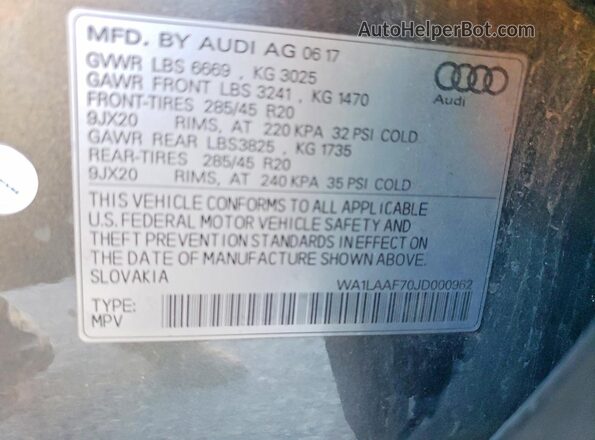 WA1LAAF70JD000962 2018 AUDI Q7 Серый Вид наклейки с VIN-кодом