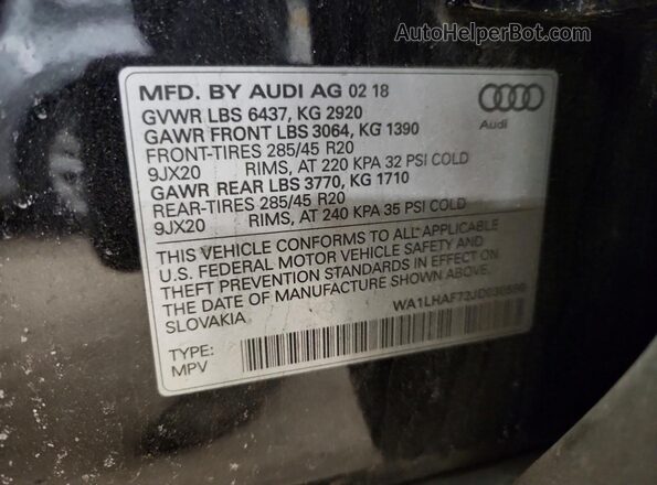 WA1LHAF72JD030590 2018 AUDI Q7 Черный Вид наклейки с VIN-кодом