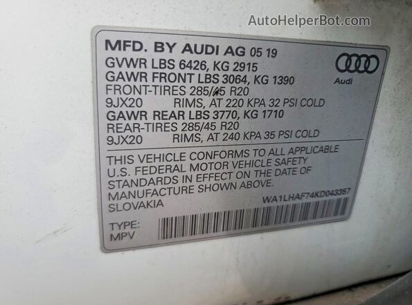 WA1LHAF74KD043357 2019 AUDI Q7 Белый Панорамный вид салона 360°