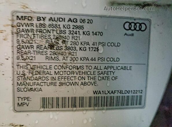 WA1LXAF74LD012212 2020 AUDI Q7 Белый Вид наклейки с VIN-кодом