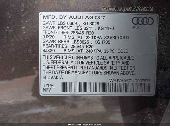 WA1VAAF71JD007976 2018 AUDI Q7 Dark Brown Вид подкапотного пространства