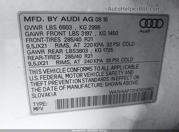 WA1VAAF72HD024943 2017 AUDI Q7 Белый Вид подкапотного пространства