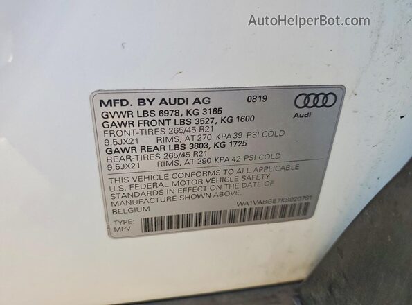 WA1VABGE7KB020781 2019 AUDI E-TRON White Սալոնի 360 աստիճան տեսք