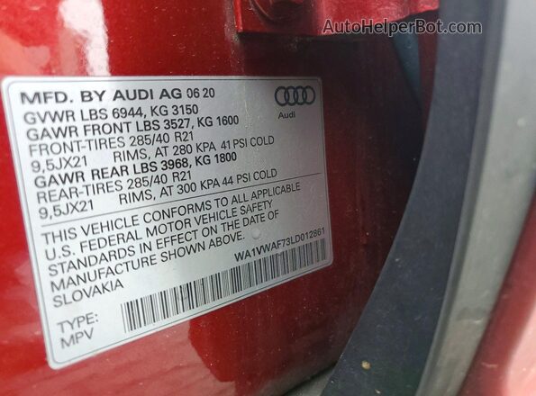 WA1VWAF73LD012861 2020 AUDI SQ7 Red Панорамний вид салону 360°