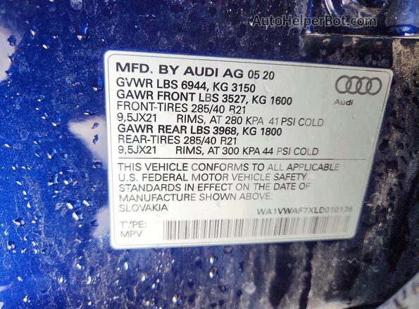 WA1VWAF7XLD010136 2020 AUDI SQ7 Blue Вид наклейки з VIN-кодом