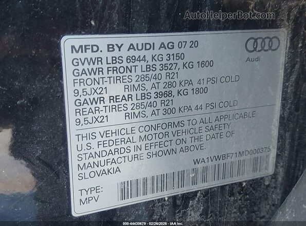 WA1VWBF71MD000375 2021 AUDI SQ7 Black Вид підкапотного простору