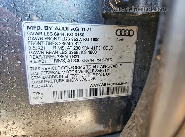 WA1VWBF76MD030410 2021 AUDI SQ7 Gray Widok komory silnika