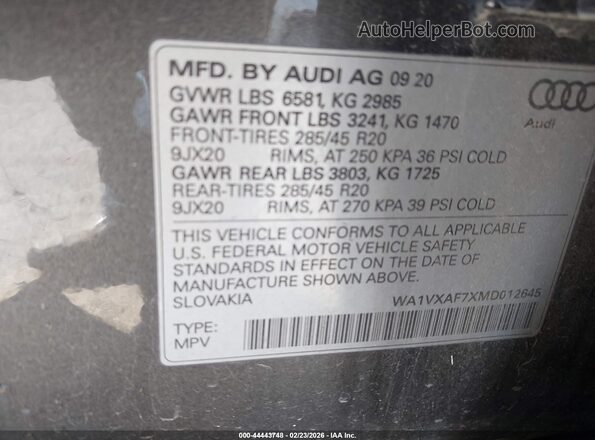 WA1VXAF7XMD012645 2021 AUDI Q7 Gray Widok komory silnika