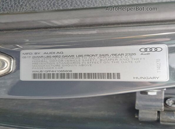 WAUB1GFF4H1065608 2017 AUDI S3 Charcoal Widok naklejki z numerem VIN