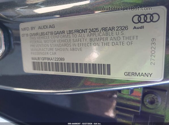 WAUB1GFF8KA122089 2019 AUDI S3 Gray Widok komory silnika