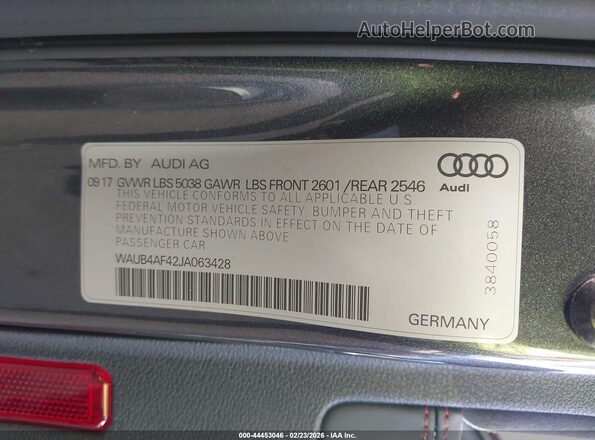 WAUB4AF42JA063428 2018 AUDI S4 Серый Вид подкапотного пространства
