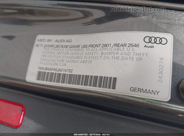 WAUB4AF46JA014152 2018 AUDI S4 Gray ძრავის განყოფილების ხედი