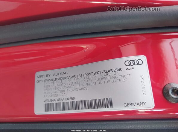 WAUB4AF46KA104659 2019 AUDI S4 Red Вид підкапотного простору