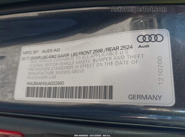 WAUB4AF49JA002660 2018 AUDI S4 Серый Вид подкапотного пространства
