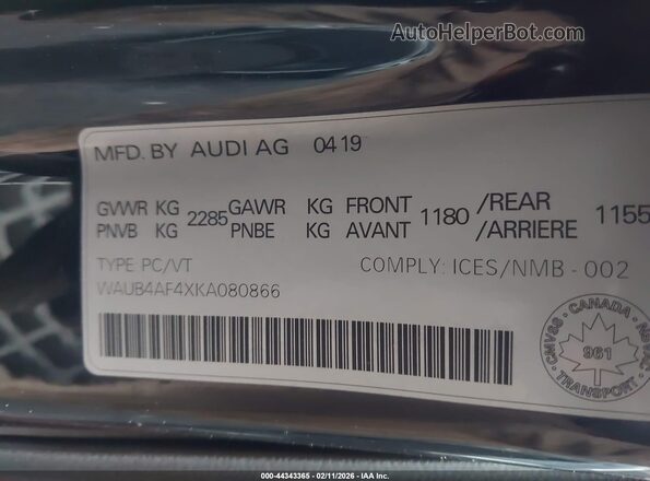 WAUB4AF4XKA080866 2019 AUDI S4 Black Widok komory silnika