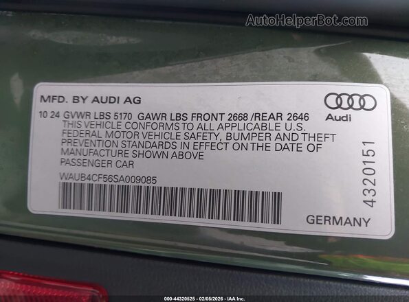 WAUB4CF56SA009085 2025 AUDI S5 Green Շարժիչի բաժամունքի տեսք
