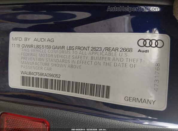 WAUB4CF58KA096052 2019 AUDI S5 Синий Вид подкапотного пространства