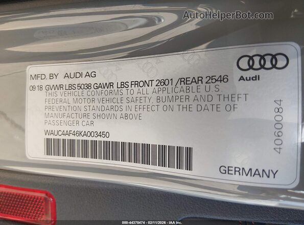 WAUC4AF46KA003450 2019 AUDI S4 Gray Вид підкапотного простору