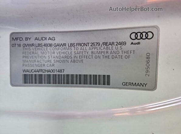WAUC4AFR2HA001487 2017 AUDI S5 White Vista de la etiqueta del VIN