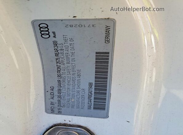 WAUC4AFR8GA019488 2016 AUDI S5 White Vista de la etiqueta del VIN
