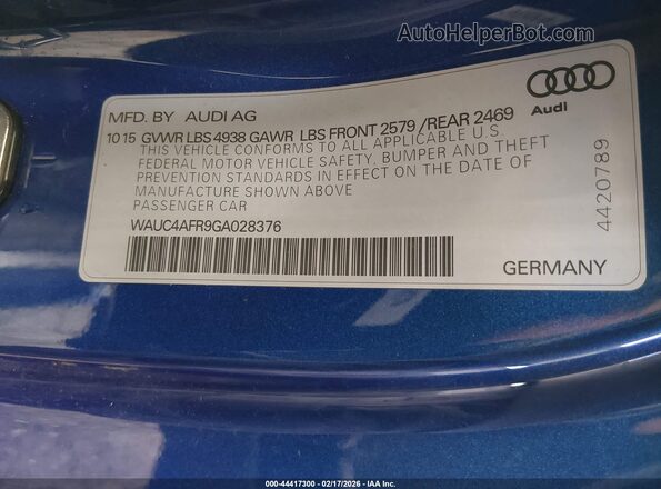 WAUC4AFR9GA028376 2016 AUDI S5 Blue Widok komory silnika