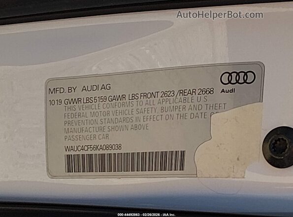 WAUC4CF56KA089038 2019 AUDI S5 White Շարժիչի բաժամունքի տեսք