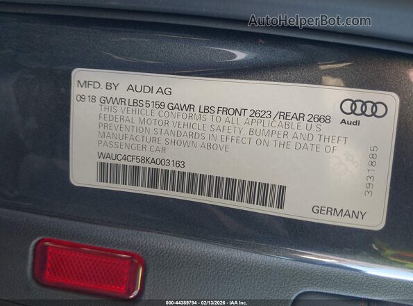 WAUC4CF58KA003163 2019 AUDI S5 Серый Вид подкапотного пространства
