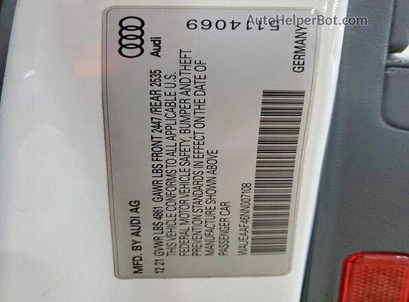 WAUEAAF46NN007108 2022 AUDI OTHER White Engine compartment view