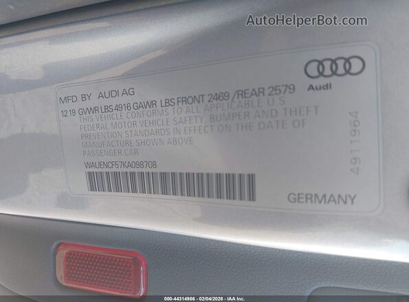 WAUENCF57KA098708 2019 AUDI OTHER Серебряный Вид подкапотного пространства